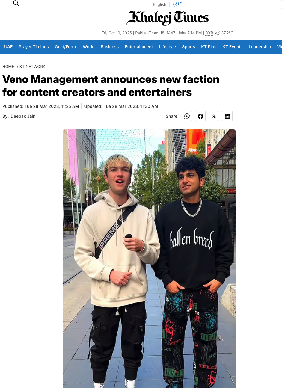 Veno Management - Influencer Agency media feature 1